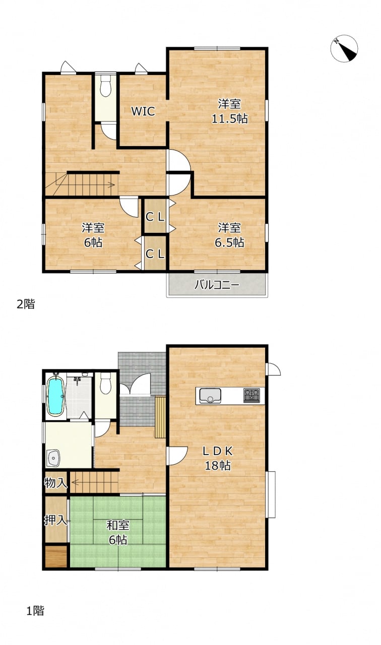 LDK１８帖＋独立和室６帖　２階６帖　６．５帖　１１．５帖　収納　☆